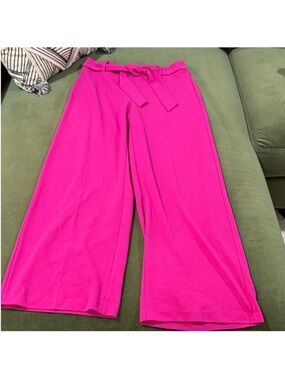 High-Rise Wide Leg Tie Waist Pants in Bright Pink wide leg